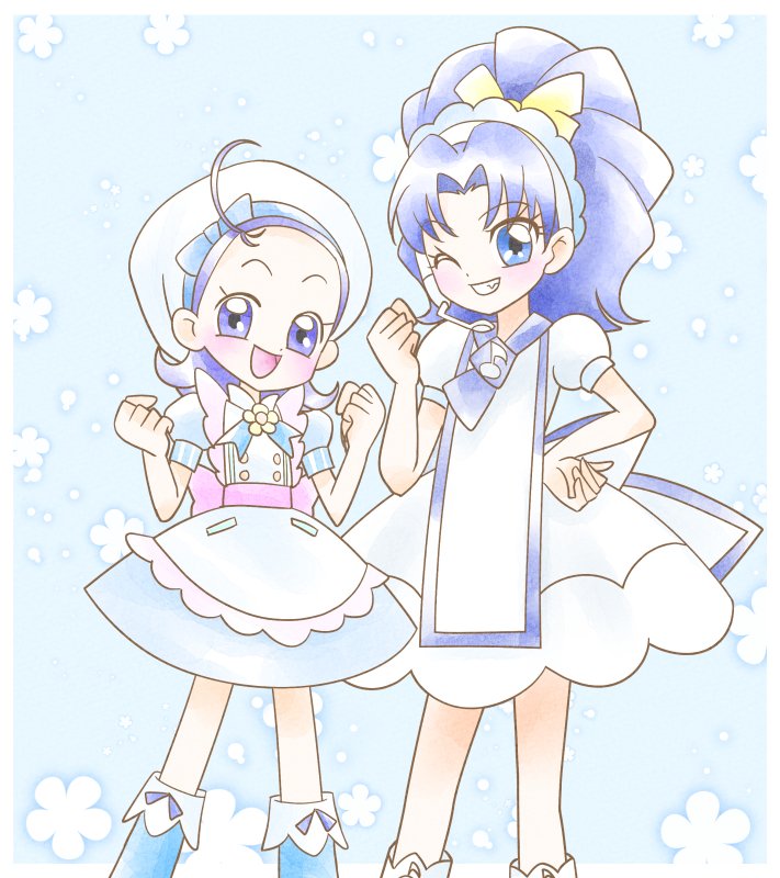 2girls, :d, ahoge, blue_background, blue_eyes, blue_hair, blush, bow