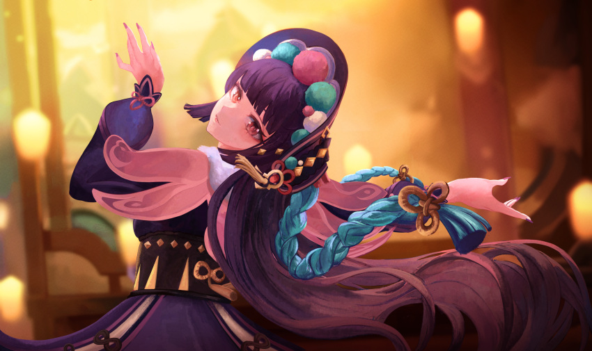 1girl, black_corset, black_hair, black_headwear, blunt_bangs, bonnet, capelet, closed_mouth, collar, commentary, corset, dress, eyeshadow, from_behind, fur_collar, genshin_impact, highres, long_hair, long_sleeves, looking_at_viewer, makeup, nail_polish, pink_capelet, pink_lips, puffy_long_sleeves, puffy_sleeves, purple_dress, purple_nails, red_eyes, red_eyeshadow, saayartworks, solo, white_collar, yun_jin_(genshin_impact)