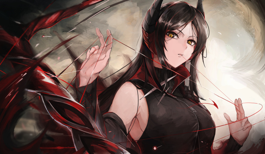 +_+, 1girl, absurdres, arknights, bare_shoulders, black_hair, breasts, clothing_cutout