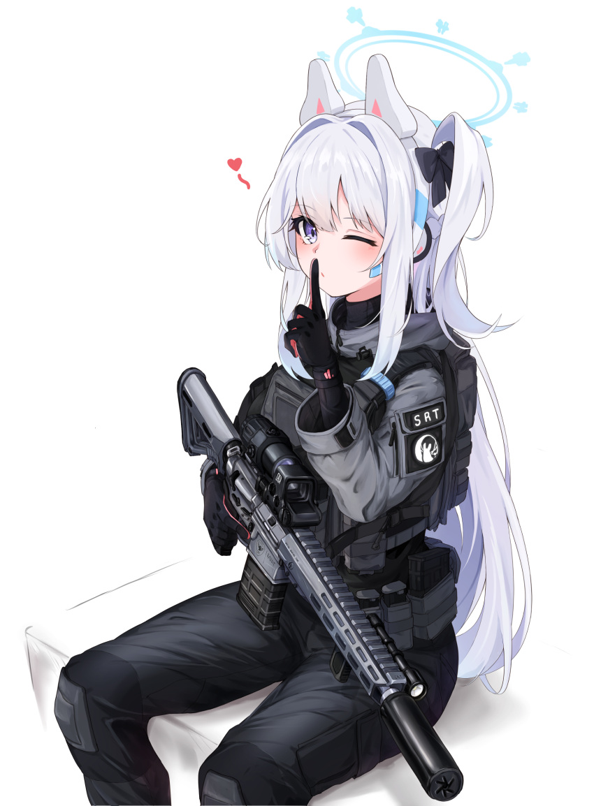 1girl, absurdres, animal_ears, ar-15, black_gloves, black_pants, black_vest, blue_archive