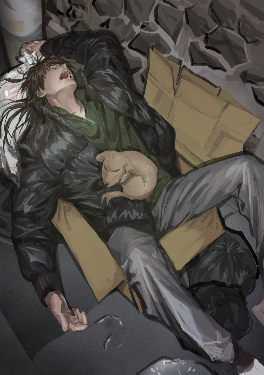 1boy, absurdres, black_coat, box, brown_hair, cardboard_box, chamuring, cigarette