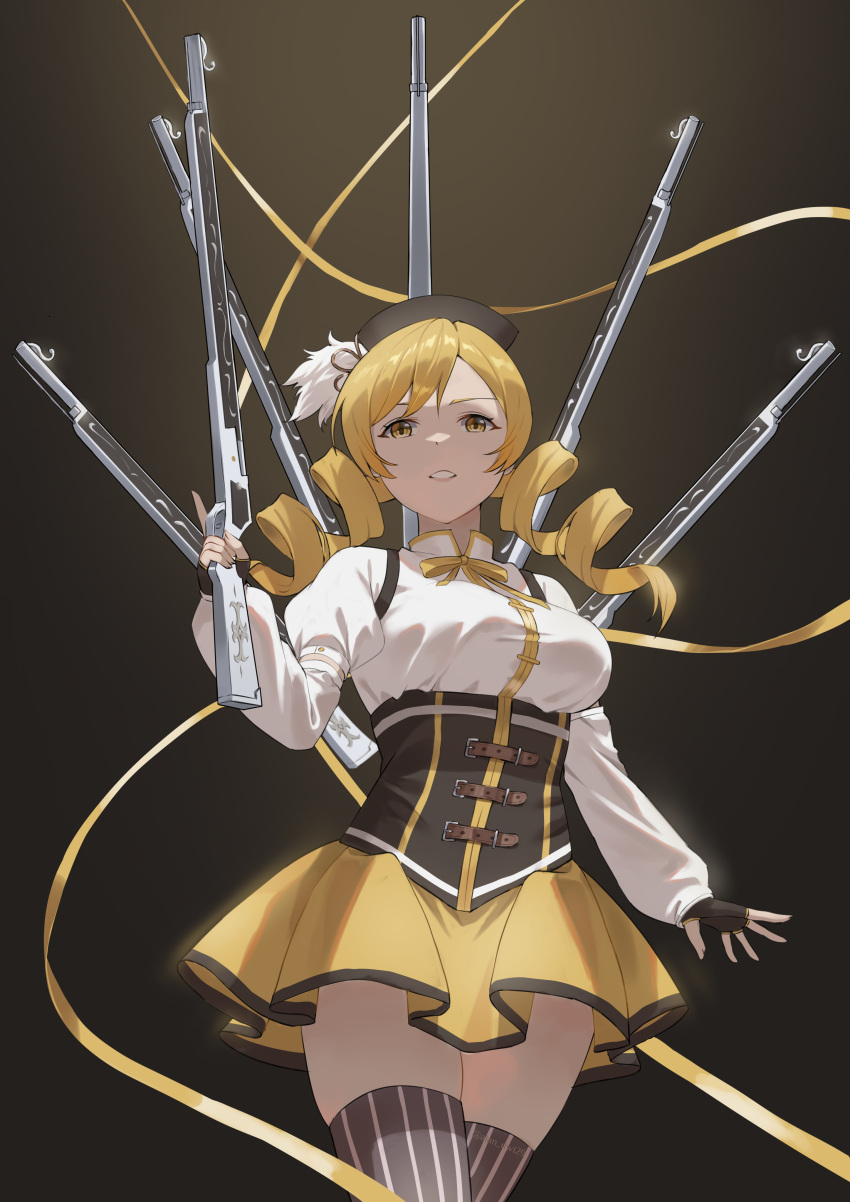 1girl, absurdres, belt, black_corset, black_gloves, blonde_hair, breasts, brown_belt, brown_thighhighs, commentary, corset, cowboy_shot, detached_sleeves, drill_hair, dscreation_(alan_dwi29), facing_viewer, fingerless_gloves, gloves, gun, highres, holding, holding_weapon, large_breasts, magical_musket, mahou_shoujo_madoka_magica, mahou_shoujo_madoka_magica_(anime), medium_hair, neck_ribbon, parted_lips, puffy_short_sleeves, puffy_sleeves, ribbon, short_sleeves, skirt, solo, striped, striped_thighhighs, thigh-highs, tomoe_mami, twin_drills, twintails, vertical-striped_thighhighs, vertical_stripes, weapon, yellow_eyes, yellow_ribbon, yellow_skirt, zettai_ryouiki