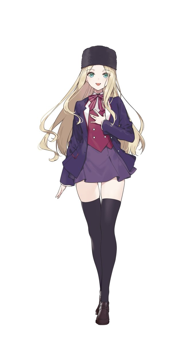 1girl, black_headwear, black_thighhighs, blonde_hair, bow, bowtie, brown_footwear, full_body