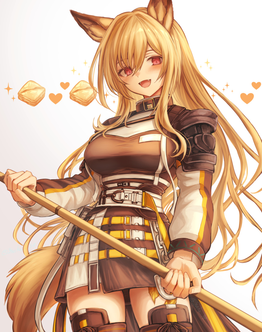 1girl, 3_(sanyako1), animal_ears, arknights, baklava, belt, brown_hair, ceobe_(arknights), cowboy_shot, dog_ears, dog_girl, dog_tail, fang, heart, highres, holding, holding_staff, long_hair, multiple_belts, open_mouth, red_eyes, smile, sparkle, staff, tail, white_background