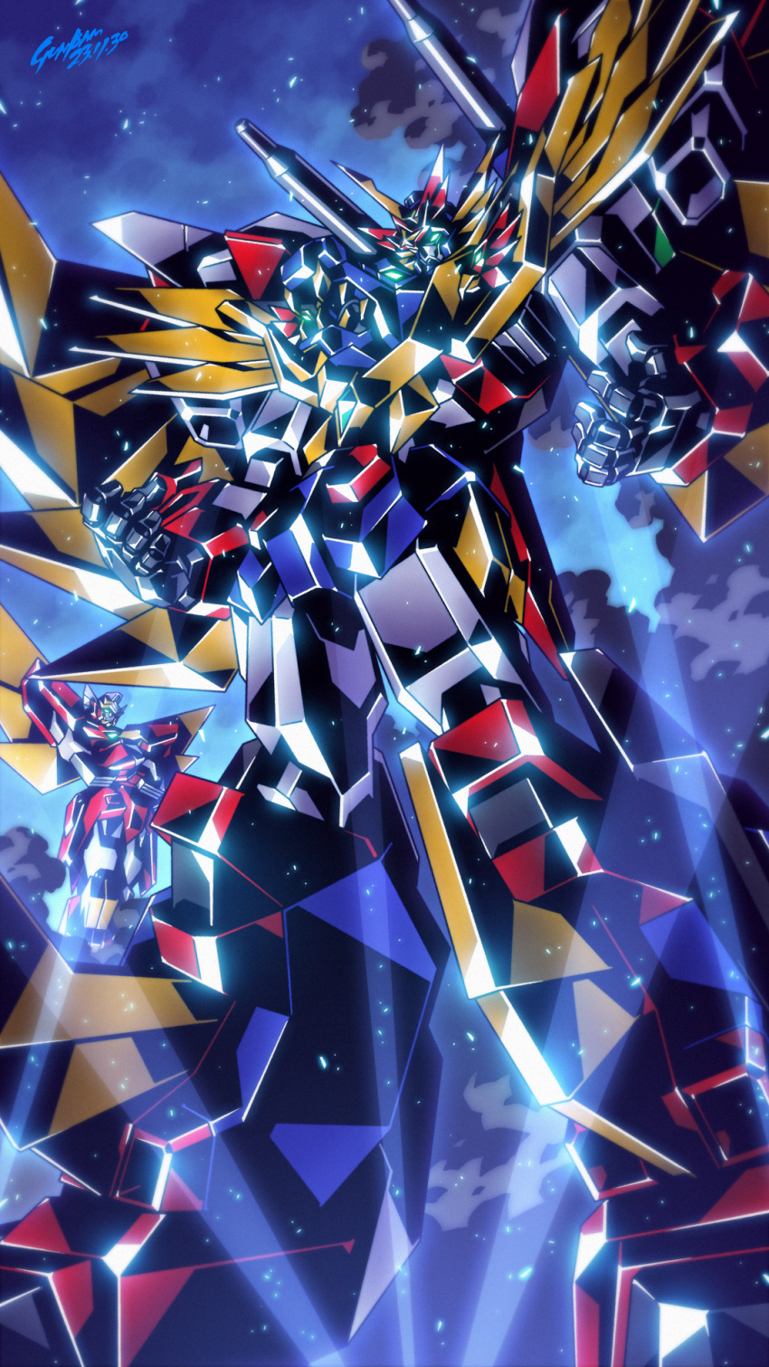 armor, babamba, dynamic_pose, full_armor, gattai, great_baan_gaan, highres, mecha, night, night_sky, no_humans, robot, science_fiction, shoulder_cannon, sky, standing, super_robot, yuusha_seisen_baan_gaan, yuusha_series