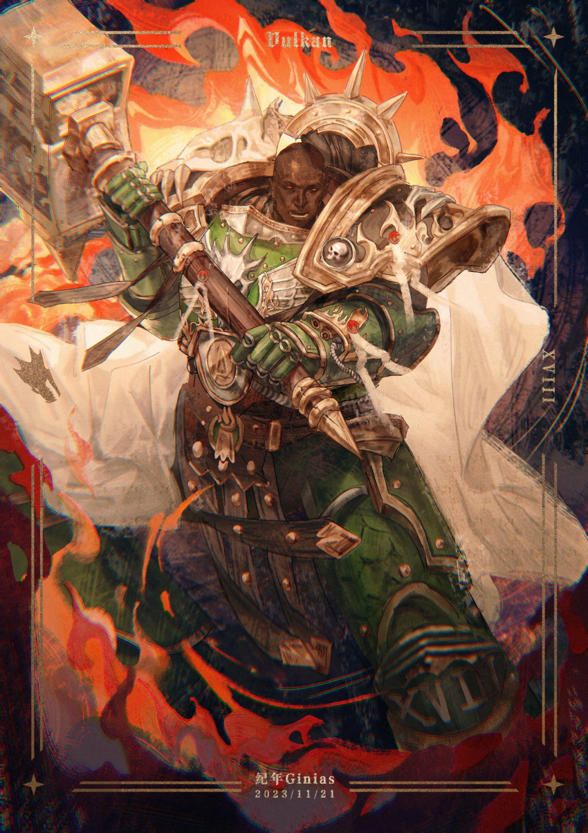 1boy, animal_skull, armor, artist_name, bald, blurry, breastplate, cape