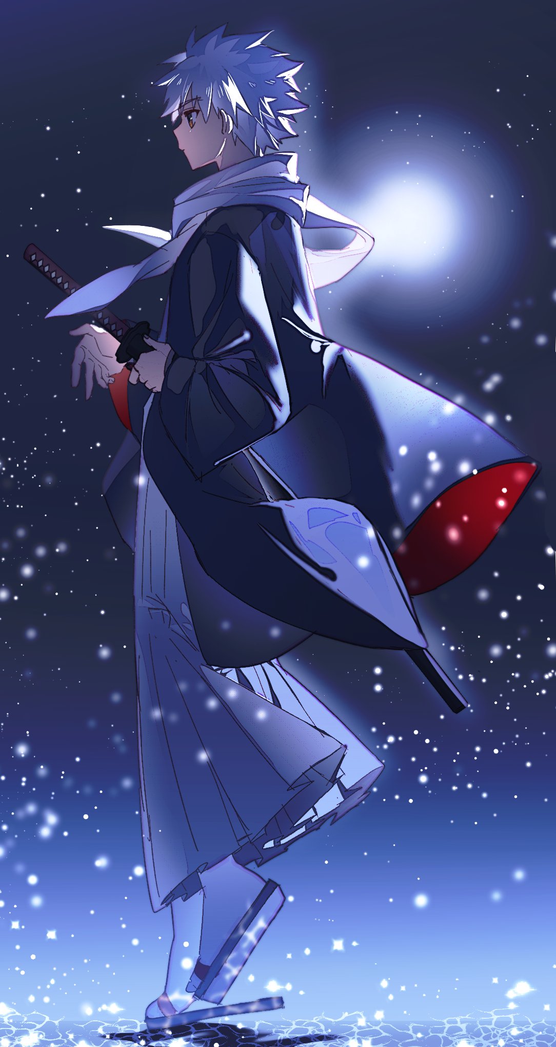 1boy, black_haori, black_kimono, dark-skinned_male, dark_background, dark_skin, emiya_shirou, fate/grand_order
