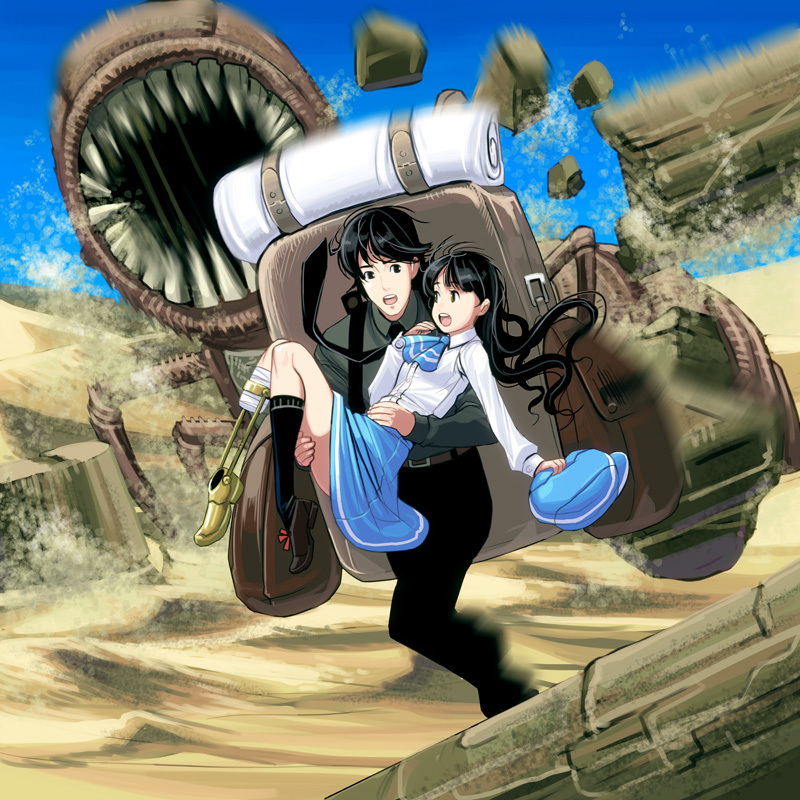 android, bag, black_eyes, black_hair, black_legwear, black_socks, cabbie_hat, carrying, desert, girl_with_golden_shoe, hat, holding, holding_hat, kin_no_kutsu_gin_no_kutsu, kneehighs, long_hair, luggage, masao, monster, necktie, open_mouth, original, princess_carry, running, sand, sharp_teeth, silver_shoe, skirt, socks, teeth