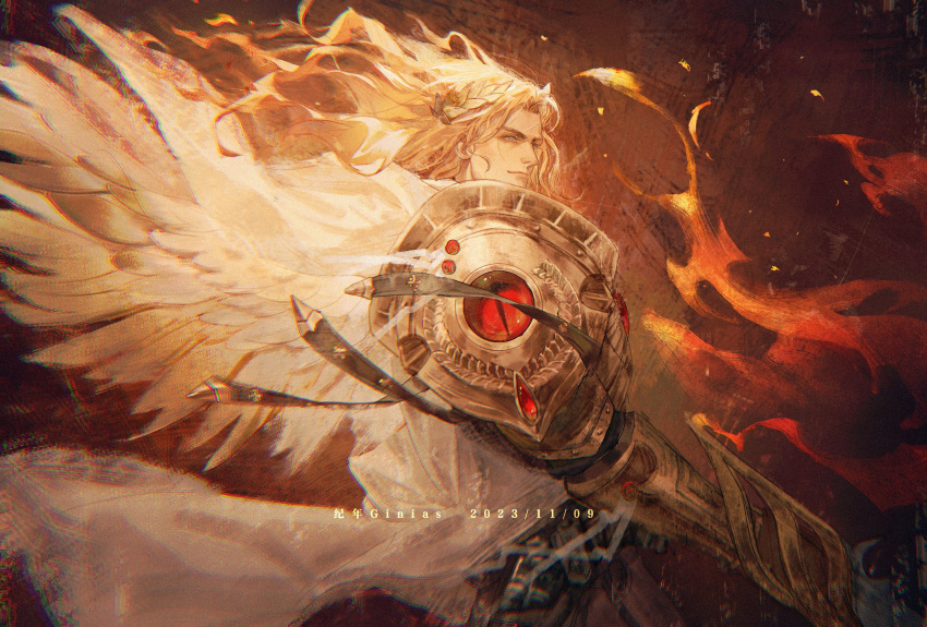 1boy, angel, angel_wings, armor, artist_name, blonde_hair, blood_angels, blue_eyes