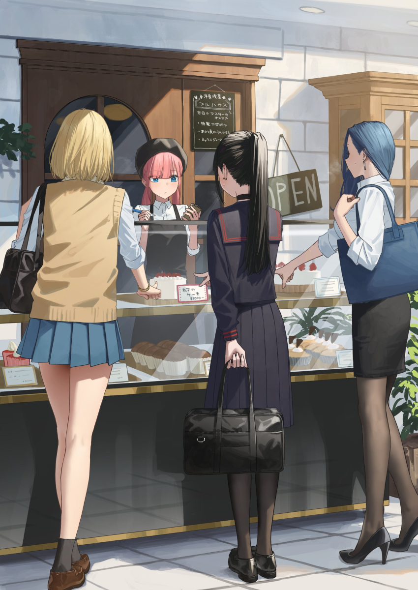 4girls, absurdres, apron, bag, black_apron, black_bag, black_choker, black_footwear