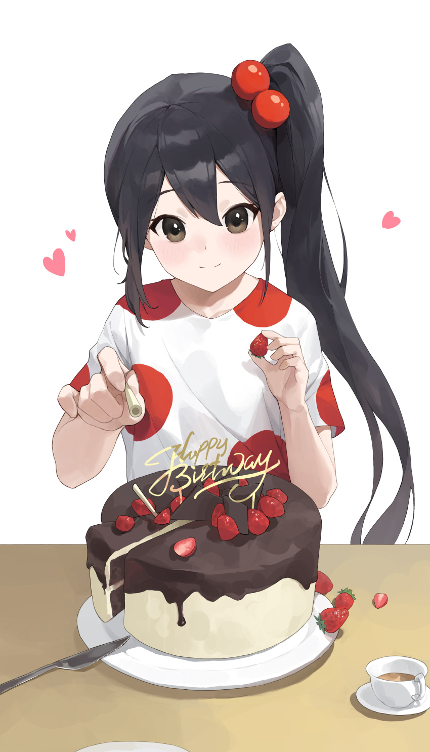 absurdres, black_hair, blush, brown_eyes, cake, closed_mouth, food, fruit