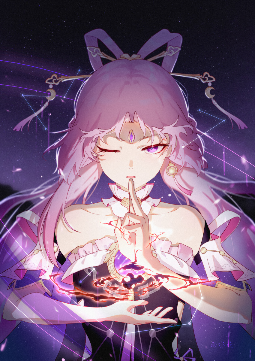 1girl, absurdres, bow-shaped_hair, casting_spell, chinese_commentary, commentary_request, constellation, forehead_jewel, fu_xuan_(honkai:_star_rail), hair_ornament, hair_stick, highres, honkai:_star_rail, honkai_(series), kuji-in, long_hair, looking_at_viewer, night, night_sky, one_eye_closed, open_mouth, pink_hair, pink_tassel, sky, solo, star_(sky), starry_sky, upper_body, violet_eyes, yuyiyao