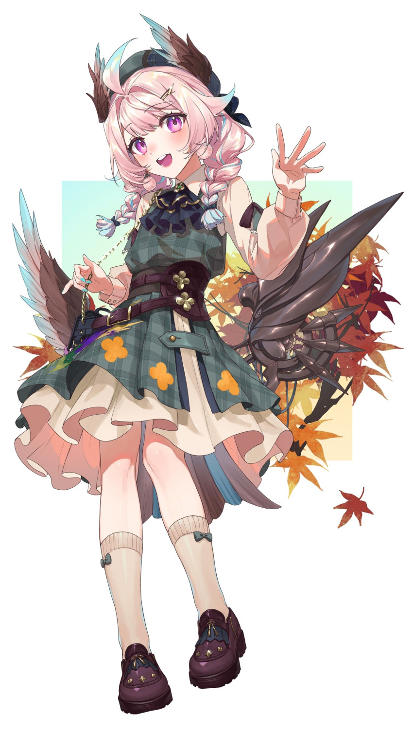 1girl, ahoge, autumn_leaves, beret, blue_hair, blue_nails, braid, brown_footwear