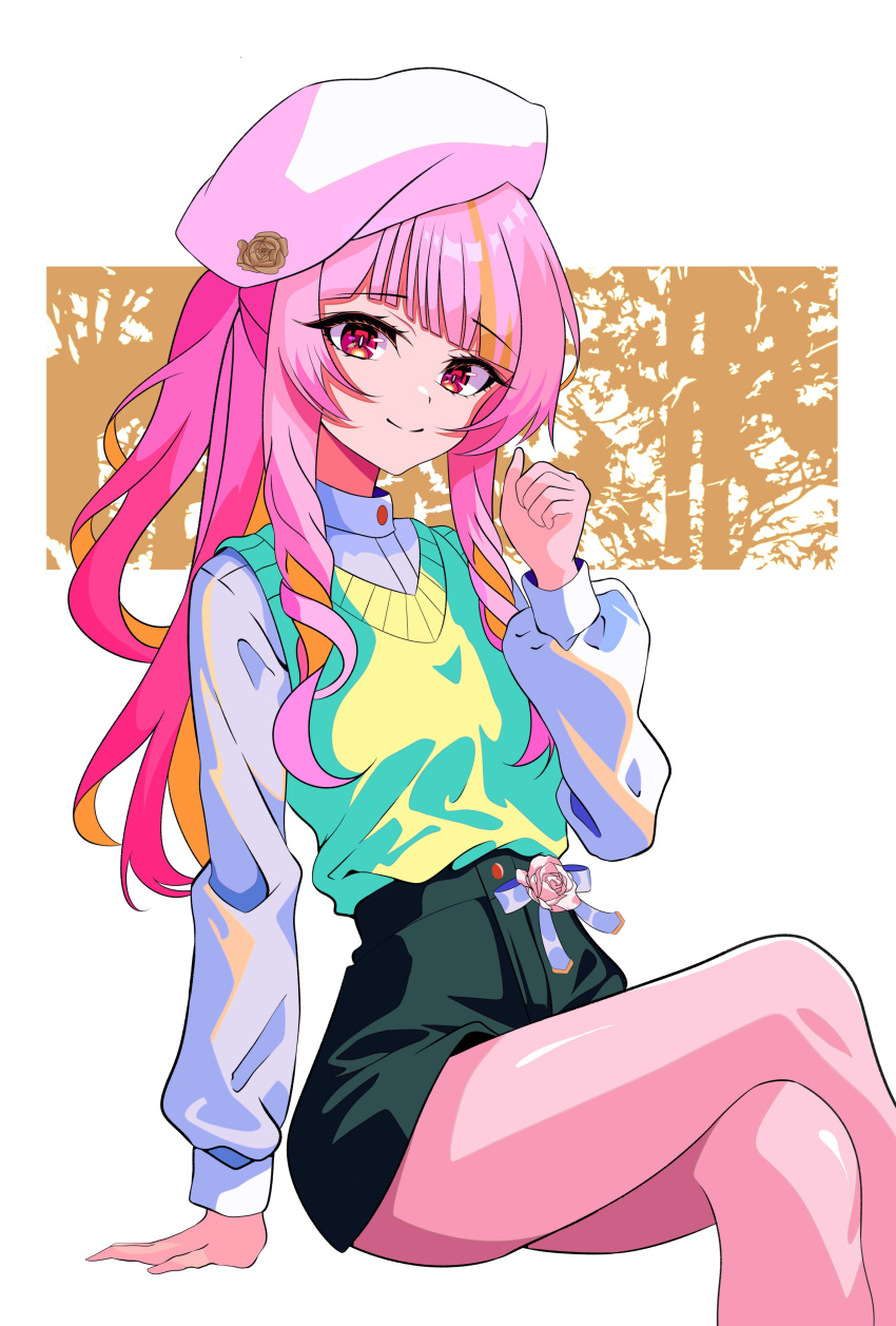 1girl, absurdres, beret, black_shorts, blonde_hair, crossed_legs, drill_hair, drill_sidelocks