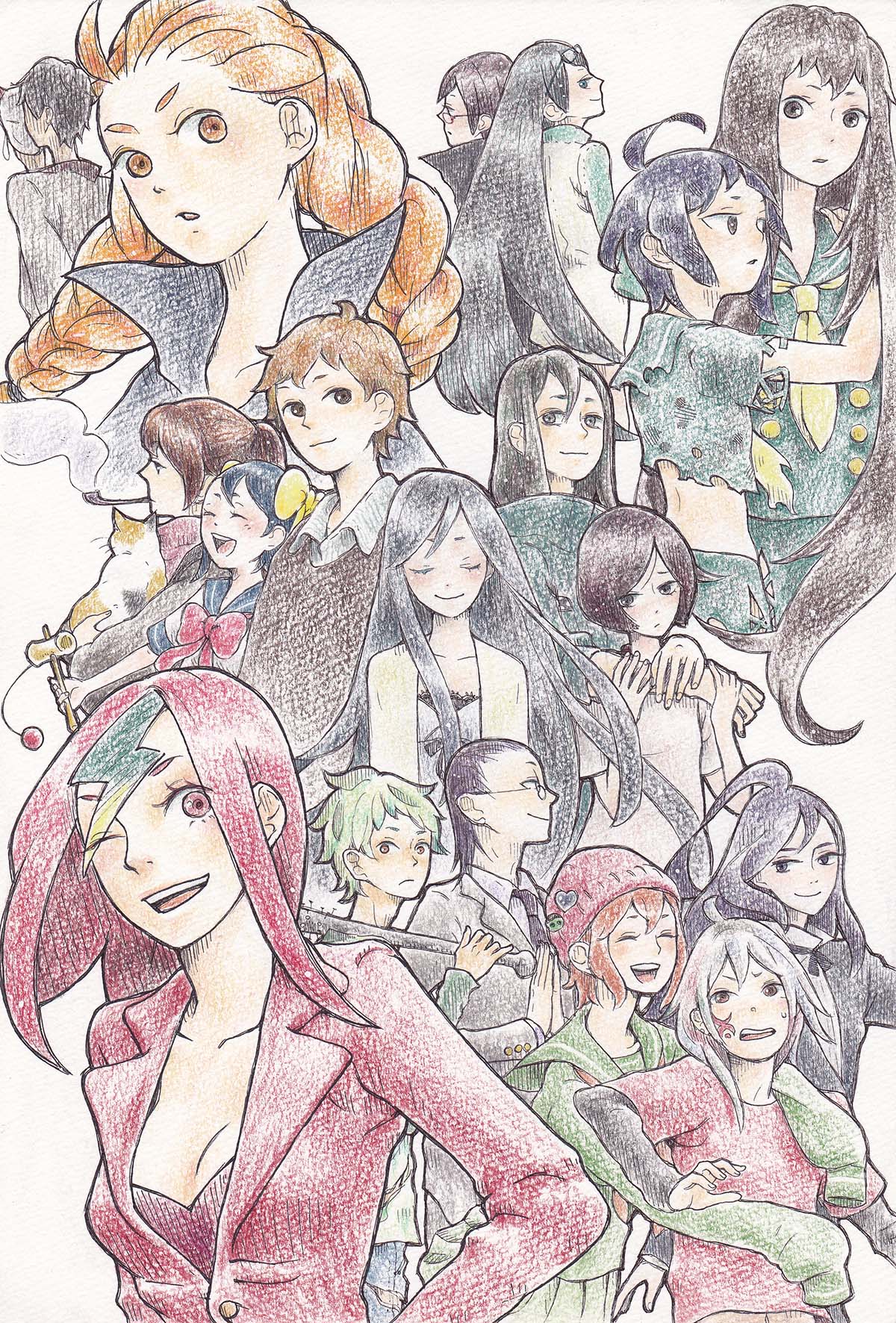 black_hair, blue_eyes, breasts, brown_eyes, brown_hair, cleavage, dress, everyone