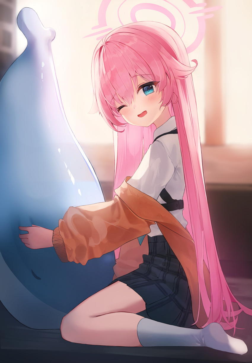 1girl, absurdres, black_skirt, blue_archive, blue_eyes, blush, commentary, hair_between_eyes, halo, highres, hoshino_(blue_archive), inflatable_toy, inflatable_whale, jacket, kano_(kano4), long_hair, long_sleeves, looking_at_viewer, one_eye_closed, open_mouth, orange_jacket, pink_hair, pink_halo, plaid, plaid_skirt, pleated_skirt, shirt, skirt, smile, socks, solo, white_shirt, white_socks