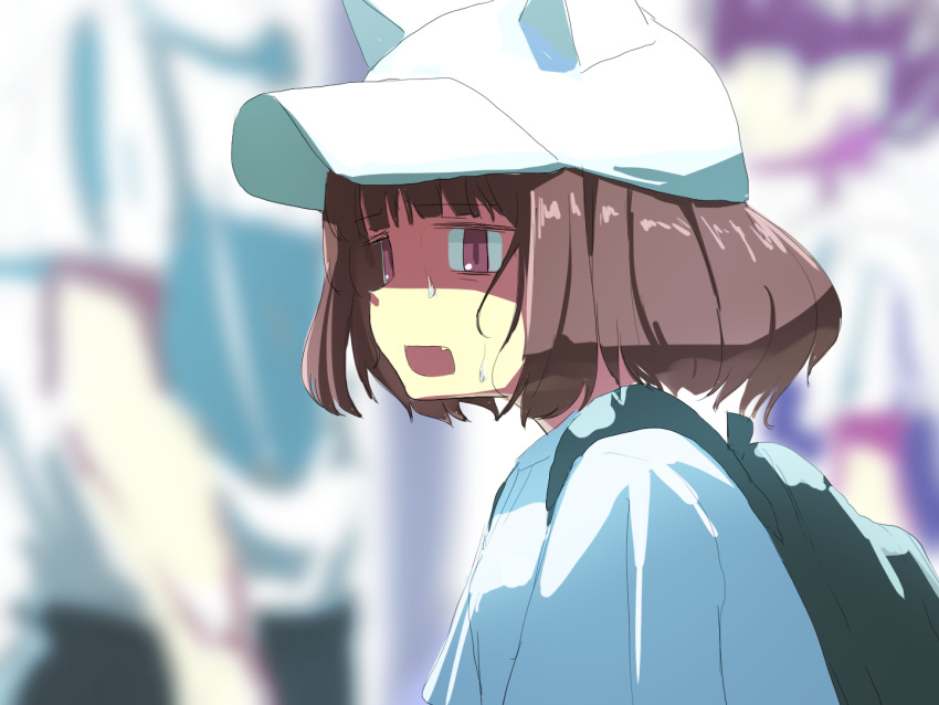 1girl, animal_ears, backpack, bag, baseball_cap, blunt_bangs, blurry, blurry_background