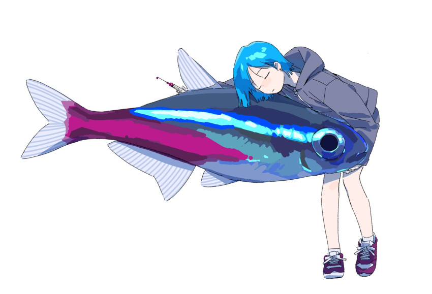 1girl, animal, blue_hair, closed_eyes, closed_mouth, commentary_request, earrings, fish