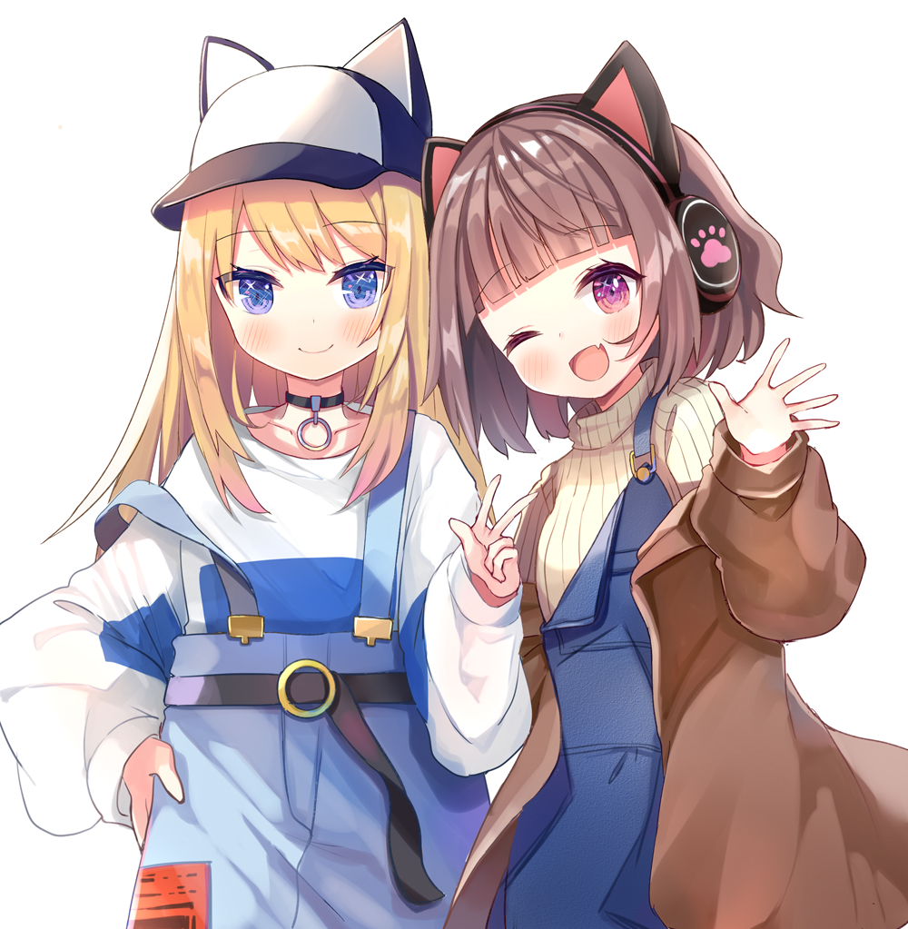 2girls, ;d, animal_ear_headphones, animal_ears, animal_hat, baseball_cap, belt, black_belt