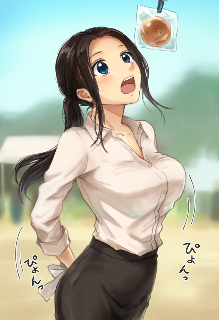 1girl, arms_behind_back, blue_eyes, bound, bound_arms, bread_eating_race, breasts, collared_shirt, commentary_request, commission, food, highres, large_breasts, office_lady, original, pencil_skirt, pixiv_commission, ponytail, setu_kurokawa, shirt, skirt, solo, watermark, white_shirt