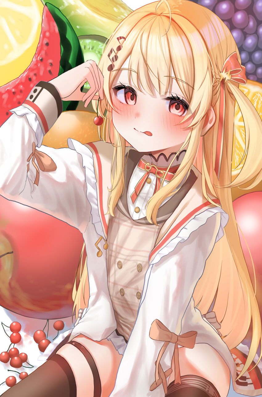1girl, absurdres, ahoge, apple, blonde_hair, brown_thighhighs, cherry, food, fruit, grapes, hair_ornament, highres, hololive, hololive_dev_is, jacket, kiwi_(fruit), kiwi_slice, licking_lips, long_hair, musical_note, musical_note_hair_ornament, otonose_kanade, red_eyes, thigh-highs, tongue, tongue_out, uzuraa, virtual_youtuber, watermelon, white_jacket