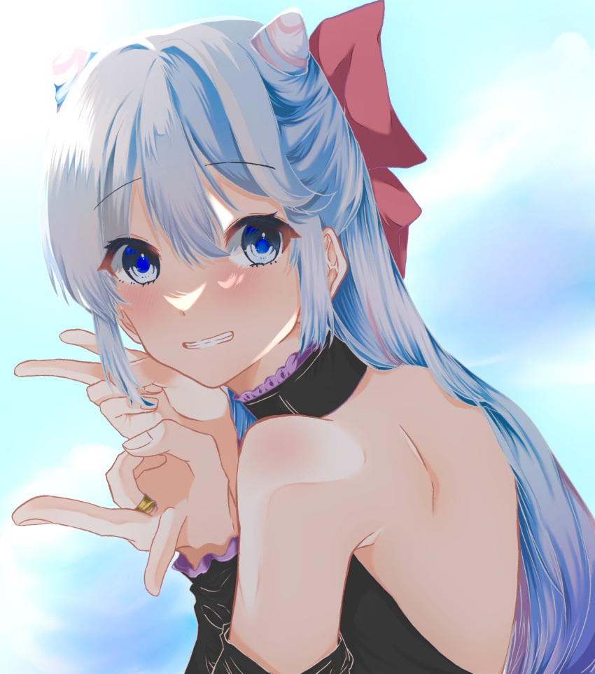 1boy, bare_shoulders, black_choker, blue_eyes, blue_hair, blue_sky, choker, cone_hair_bun