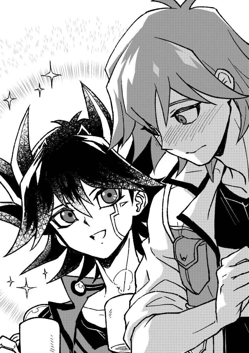 2boys, absurdres, black_hair, black_shirt, blush, bruno_(yu-gi-oh!), cup, facial_tattoo, fudou_yuusei, greyscale, hand_up, high_collar, highres, holding, holding_cup, jacket, looking_at_another, male_focus, monochrome, mug, multicolored_hair, multiple_boys, open_clothes, open_jacket, open_mouth, screentones, shirt, short_hair, shoulder_pads, sleeves_rolled_up, smile, sparkle, spiky_hair, streaked_hair, tattoo, upper_body, youko-shima, yu-gi-oh!, yu-gi-oh!_5d's