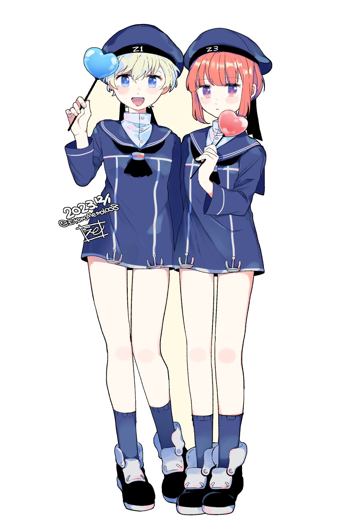 2girls, balloon, black_footwear, black_neckerchief, blue_dress, blue_eyes, blue_headwear, blue_sailor_collar, blue_socks, brown_eyes, clothes_writing, dress, eto_(etonomemo1008), full_body, grey_hair, hat, heart_balloon, highres, kantai_collection, matching_outfits, multiple_girls, neckerchief, redhead, sailor_collar, sailor_dress, sailor_hat, short_dress, short_hair, simple_background, socks, standing, white_background, z1_leberecht_maass_(kancolle), z3_max_schultz_(kancolle)