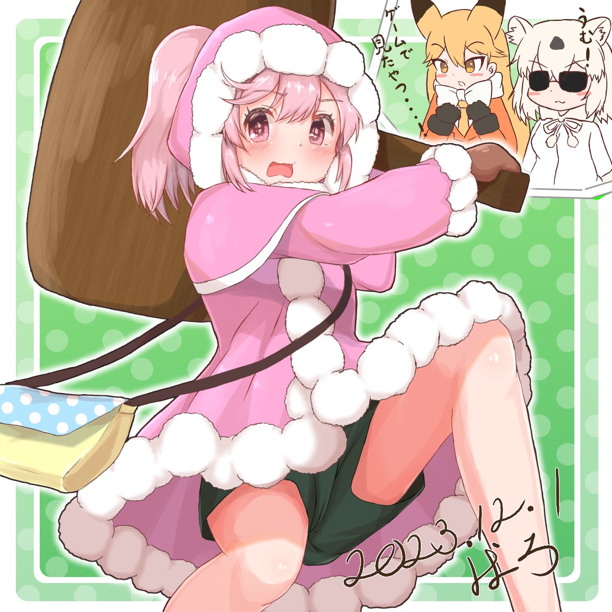 3girls, animal_ears, baroy_baroro, bear_ears, bear_girl, blush, bow, bowtie, capelet, coat, cosplay, extra_ears, ezo_red_fox_(kemono_friends), fox_ears, fox_girl, fur_collar, fur_trim, green_shorts, hair_between_eyes, hair_through_headwear, hammer, highres, ice_climber, kemono_friends, long_hair, long_sleeves, multiple_girls, nana_(ice_climber), nana_(ice_climber)_(cosplay), nana_(kemono_friends), necktie, orange_eyes, orange_hair, orange_necktie, parka, pink_capelet, pink_coat, pink_eyes, polar_bear_(kemono_friends), short_hair, short_shorts, shorts, side_ponytail, sidelocks, sunglasses, translation_request, white_bow, white_bowtie, white_coat, white_fur, white_hair