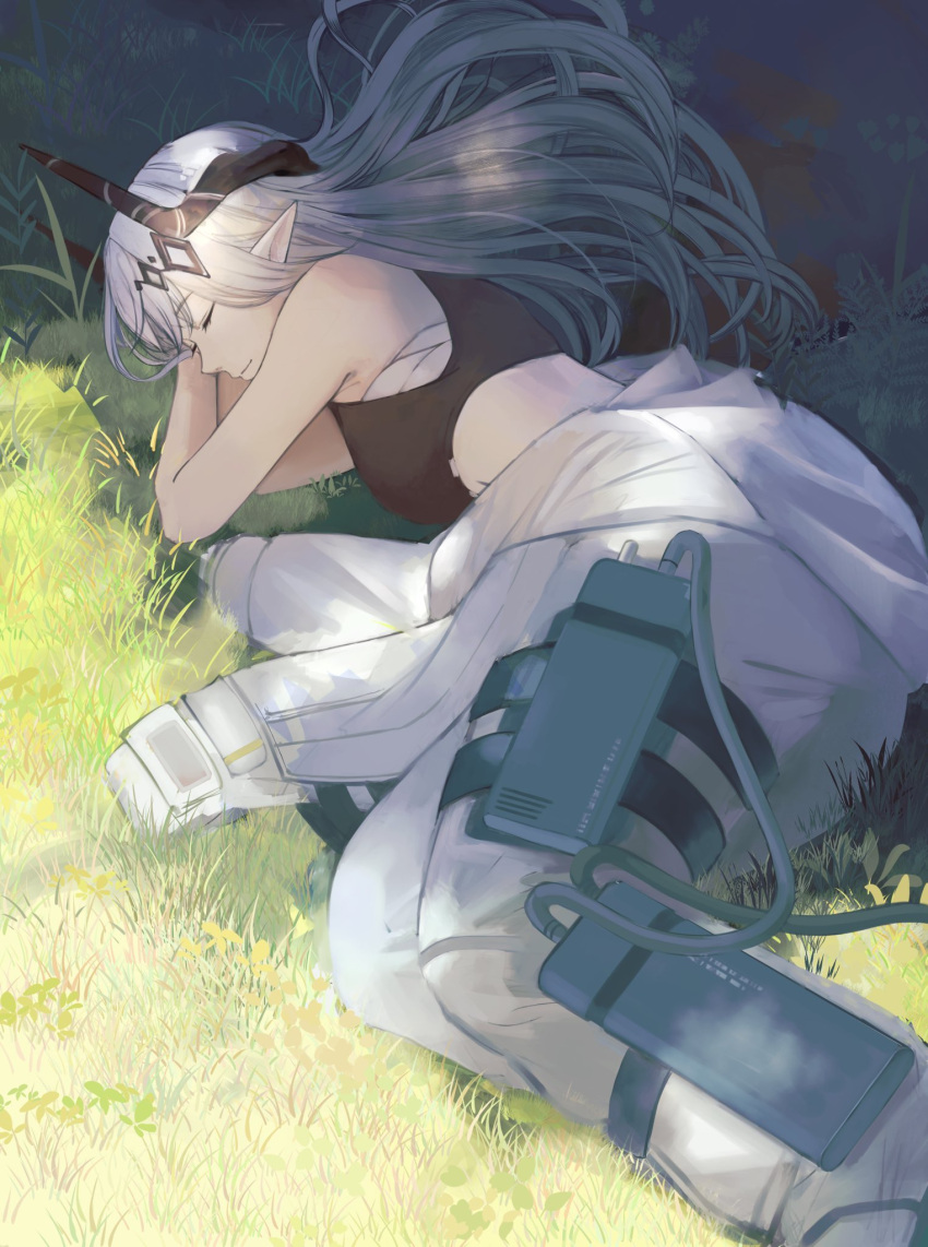 1girl, arknights, chest_sarashi, closed_eyes, crop_top, highres, horns, jumpsuit