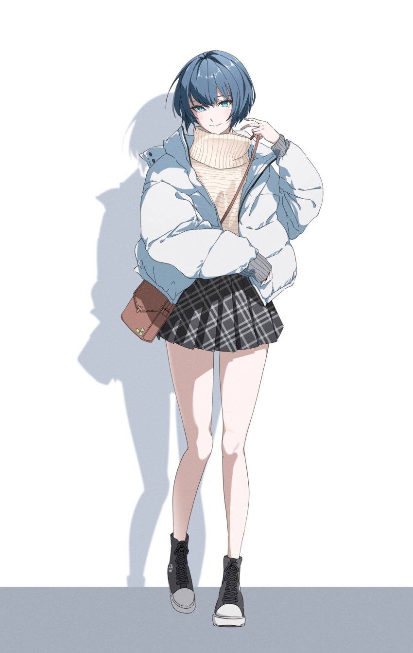 1girl, bag, black_footwear, blue_eyes, blue_hair, brown_bag, commentary, converse