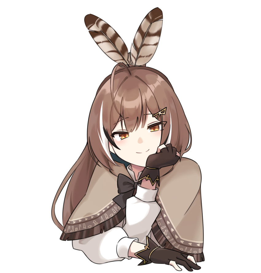 ahoge, brown_capelet, brown_cloak, brown_eyes, brown_hair, capelet, cloak, crossed_bangs, double-parted_bangs, gloves, hair_between_eyes, half-closed_eyes, head_rest, hieroglyphics, highres, hololive, hololive_english, looking_at_viewer, meteor_(ks111278), multicolored_hair, nanashi_mumei, nanashi_mumei_(1st_costume), partially_fingerless_gloves, ribbon, shirt, smile, streaked_hair, upper_body, virtual_youtuber, white_shirt