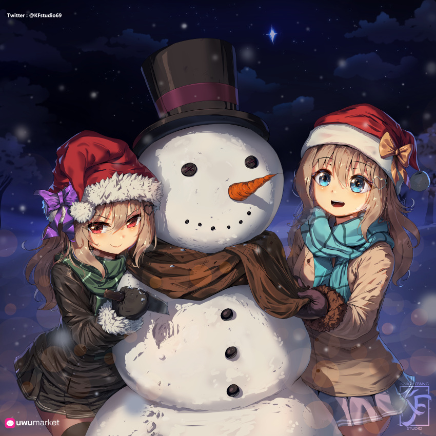 2girls, absurdres, artist_logo, black_gloves, black_headwear, black_jacket, black_skirt, black_thighhighs