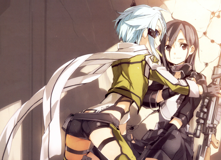 2girls, aqua_hair, ass, black_eyes, black_hair, bullet, bullet_hole, cartridge