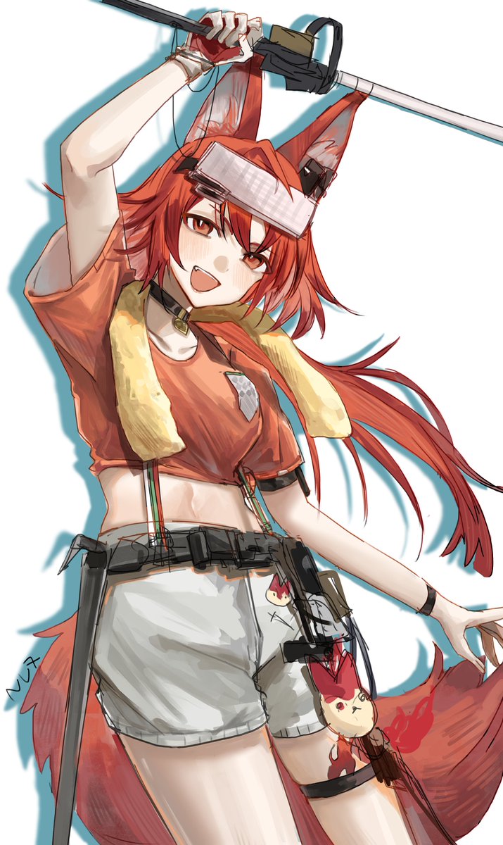 1girl, animal_ears, arknights, collar, flametail_(arknights), flametail_(sport_for_all)_(arknights), gloves, highres, holding, long_hair, looking_at_viewer, nun2o, red_eyes, redhead, single_glove, solo, squirrel_ears, squirrel_girl, squirrel_tail, tail, white_background