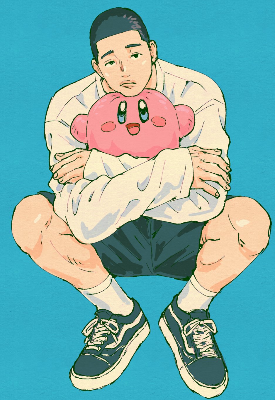 1boy, bishounen, black_eyes, black_footwear, black_hair, black_shorts, blue_background, buzz_cut, fukatsu_kazunari, full_body, highres, hugging_doll, hugging_object, kirby, kirby_(series), long_sleeves, looking_to_the_side, male_focus, odakyumcdgk, pout, shirt, shoes, short_hair, shorts, slam_dunk_(series), sneakers, socks, solo, squatting, toned, toned_male, undercut, very_short_hair, white_shirt, white_socks