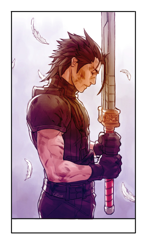 1boy, armor, black_gloves, black_hair, bruise, bruise_on_face, buster_sword, closed_eyes