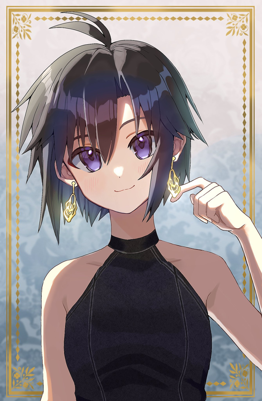 1girl, :3, adjusting_earrings, ahoge, alternate_costume, antenna_hair, arm_at_side, bare_arms