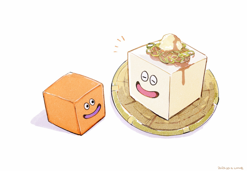artist_name, black_eyes, box_slime, closed_mouth, commentary_request, dated, dragon_quest, food