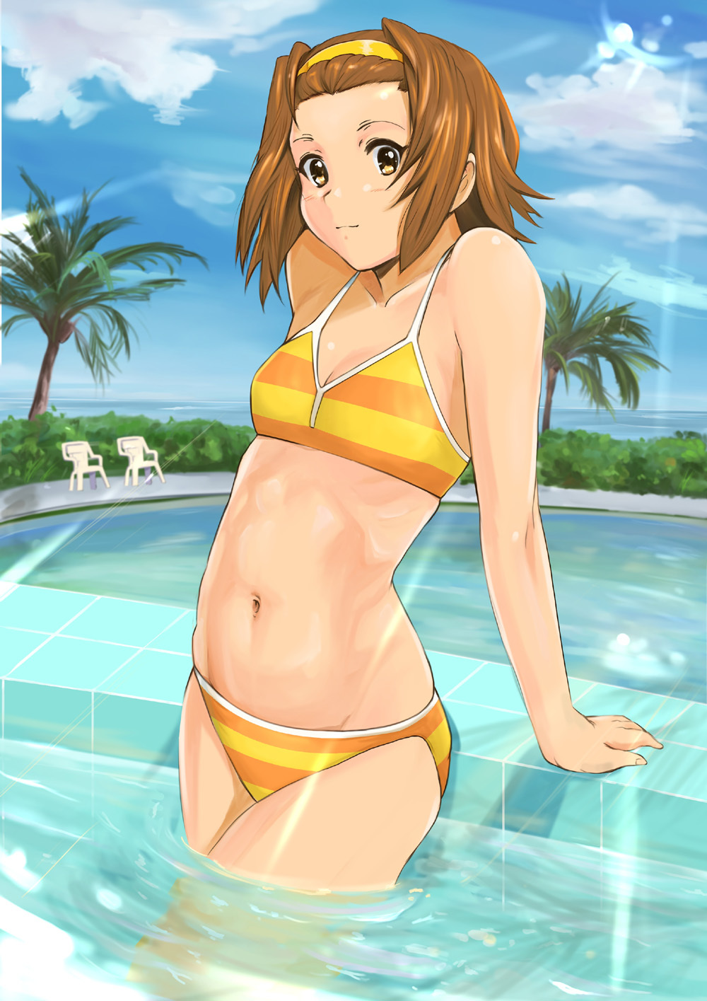 brown_eyes, brown_hair, cloud, clouds, flat_chest, funky-harem, hairband, highres