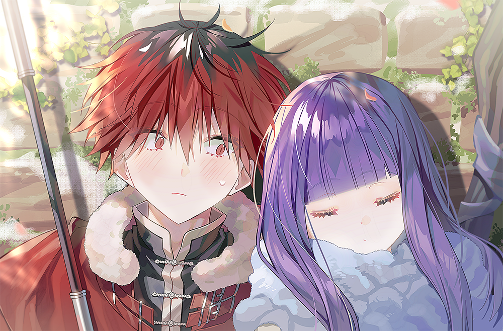 1boy, 1girl, axe, black_hair, black_shirt, blunt_bangs, blush, brick_wall, closed_eyes, coat, collared_shirt, commentary, eyelashes, fern_(sousou_no_frieren), fur_scarf, fur_trim, hair_between_eyes, leaning_on_person, long_hair, looking_at_another, looking_to_the_side, mage_staff, multicolored_hair, orange_eyes, outdoors, purple_hair, red_coat, redhead, sal_gun, shirt, sidelocks, sleeping, sleeping_on_person, sleeping_upright, sousou_no_frieren, stark_(sousou_no_frieren), straight_hair, sweatdrop, two-tone_hair