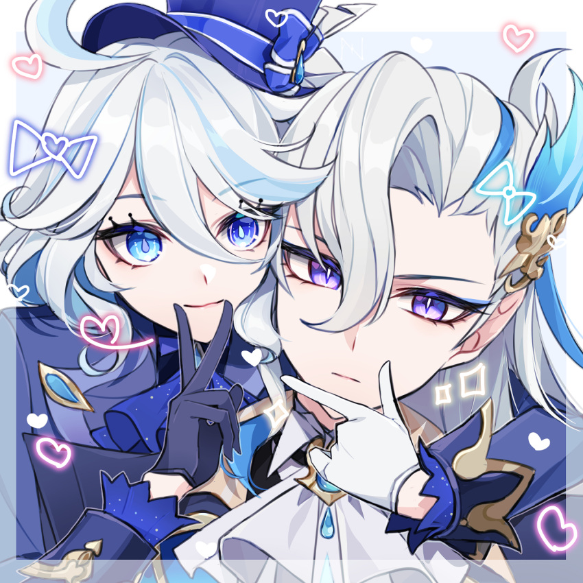 1boy, 1girl, ahoge, ascot, asymmetrical_gloves, blue_ascot, blue_brooch, blue_eyes