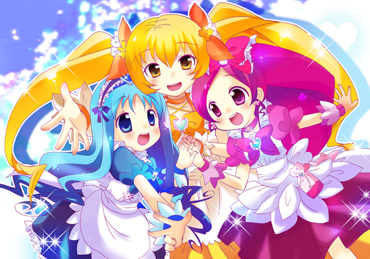 apron, blonde_hair, blue_background, blue_dress, blue_hair, cure_blossom, cure_marine, cure_sunshine