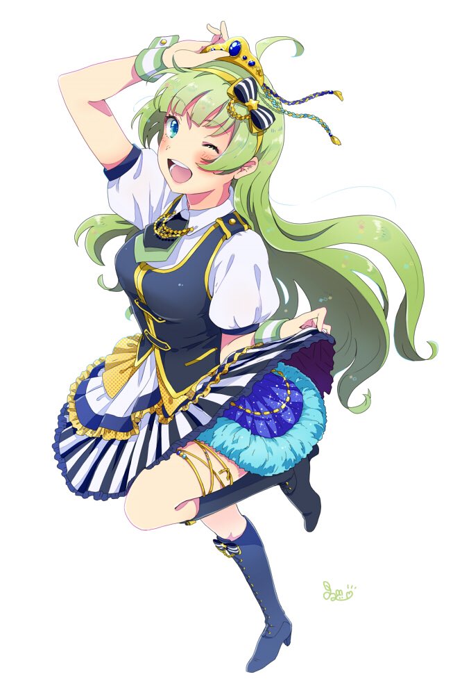1girl, ahoge, aqua_eyes, black_bow, black_footwear, black_necktie, black_skirt, black_vest, blue_skirt, blunt_bangs, boots, bow, breasts, bridal_garter, clothes_lift, collared_shirt, commentary_request, eyelashes, full_body, green_hair, green_necktie, green_wrist_cuffs, hair_bow, hair_ornament, hand_on_headwear, headband, high_heel_boots, high_heels, idol, idolmaster, idolmaster_million_live!, knee_boots, large_breasts, layered_skirt, leg_up, lifted_by_self, light_blush, long_hair, miniskirt, necktie, one_eye_closed, open_mouth, puffy_short_sleeves, puffy_sleeves, shimabara_elena, shirt, short_sleeves, signature, simple_background, skirt, skirt_lift, smile, solo, star_(symbol), star_hair_ornament, striped, striped_bow, striped_skirt, teeth, tiara, two-tone_skirt, two-tone_wrist_cuffs, upper_teeth_only, vertical-striped_skirt, vertical_stripes, very_long_hair, vest, wavy_hair, white_background, white_shirt, white_skirt, white_wrist_cuffs, witoi_(roa), yellow_headband, yellow_headwear