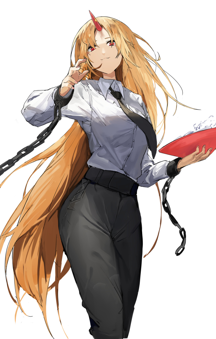 1girl, black_necktie, black_pants, blonde_hair, breasts, chain, collared_shirt, cuffs