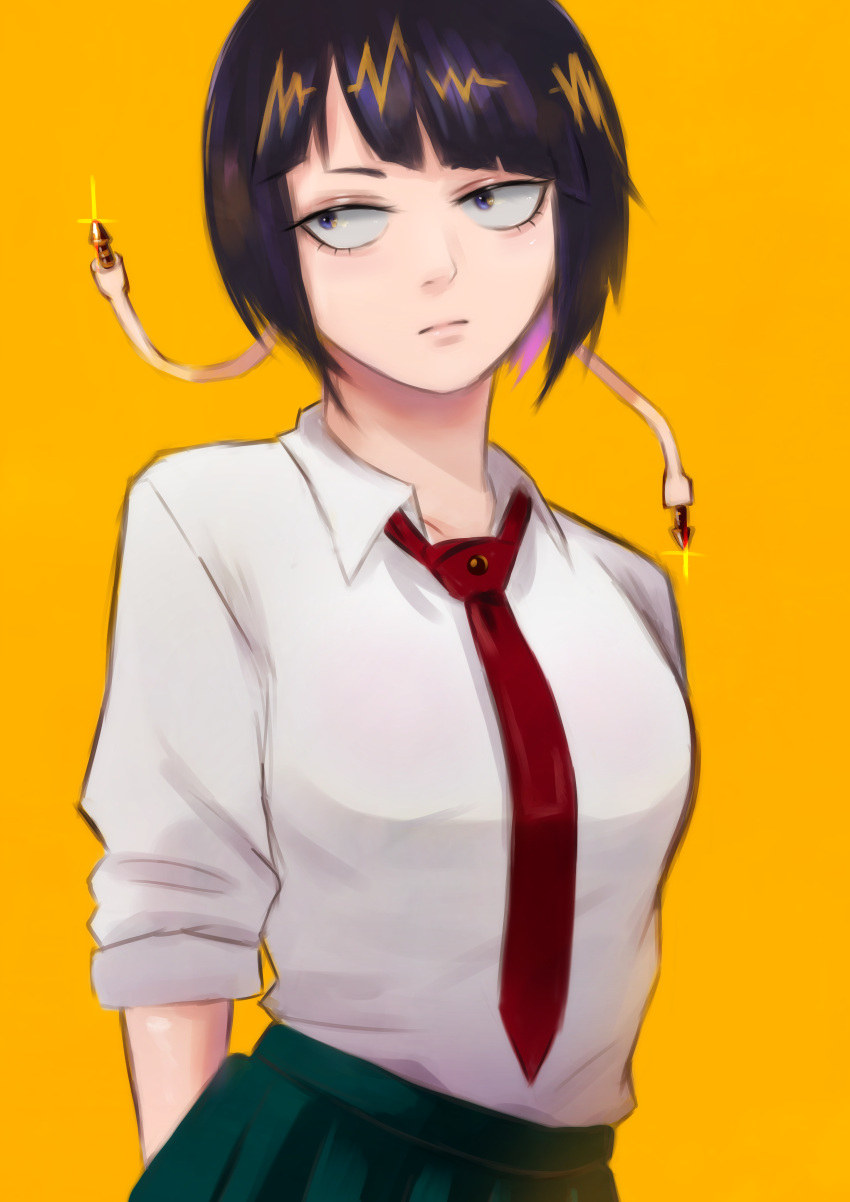 1girl, absurdres, arms_behind_back, audio_jack, averting_eyes, blue_eyes, blunt_bangs, bob_cut