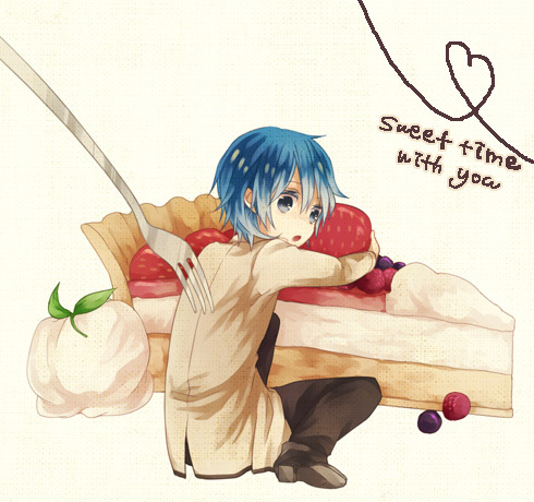 bad_id, blue_eyes, blue_hair, cake, food, fork, fruit, hinata_(angel_beats!)