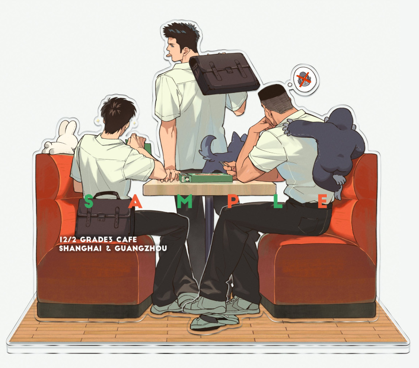 3boys, akagi_takenori, back, bag, black_eyes, black_hair, black_pants, booth_seating