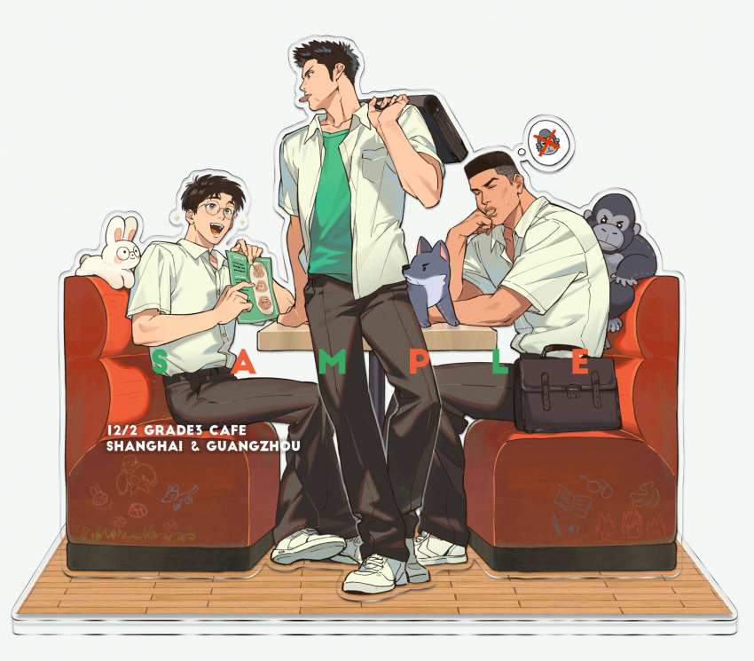 3boys, :d, akagi_takenori, bag, black_eyes, black_hair, black_pants, booth_seating
