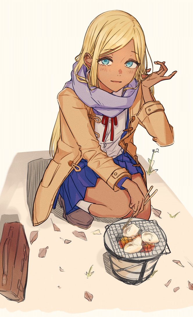 1girl, blonde_hair, blue_eyes, blue_skirt, chopsticks, coat, commentary_request, dark-skinned_female